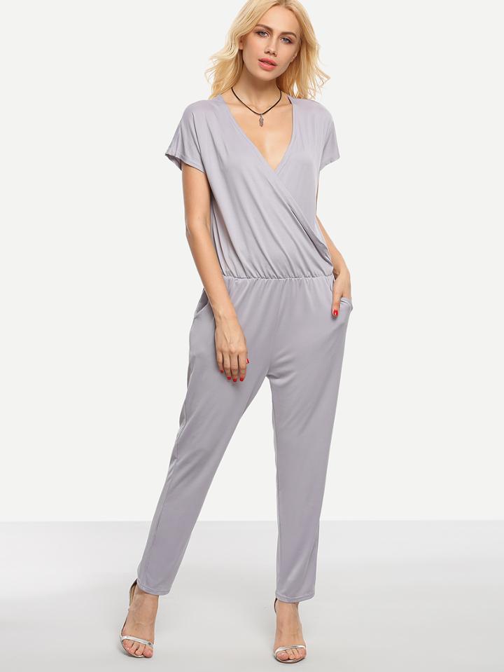 Shein Surplice Front Elastic Waist Jumpsuit - Grey