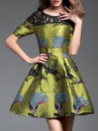 Shein Green Contrast Lace Embroidered Belted Jacquard Dress