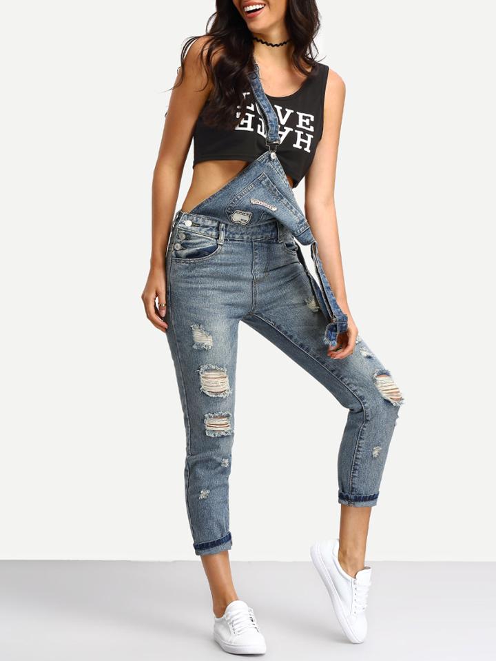 Shein Straps Ripped Denim Jumpsuit