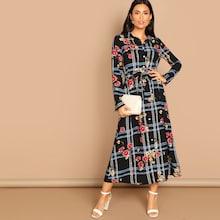 Shein Self Belted Floral & Plaid Shirt Dress
