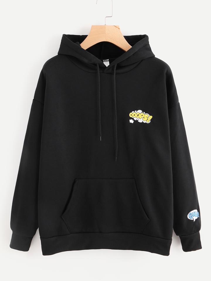 Shein Drop Shoulder Hoodie With Badges