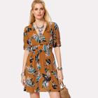 Shein Double V Neck Wide Waistband Tropical Dress