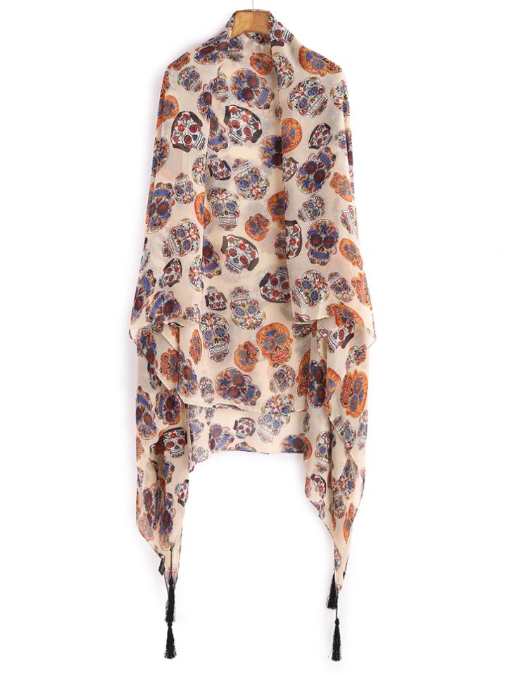 Shein Beige Vintage Skull Print Tassel Trim Voile Scarf