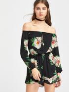 Shein Bardot Neck Flower Print Lace-up Front Romper