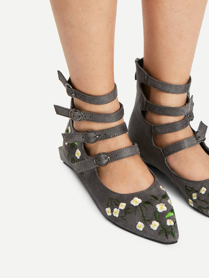 Shein Calico Embroidery Buckle Strap Design Flats