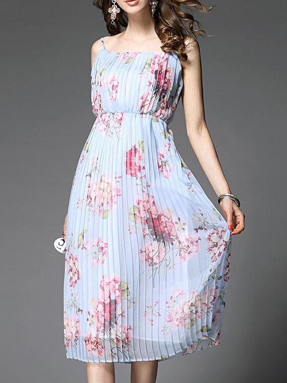 Shein Blue Spaghetti Strap Pleated Floral Dress