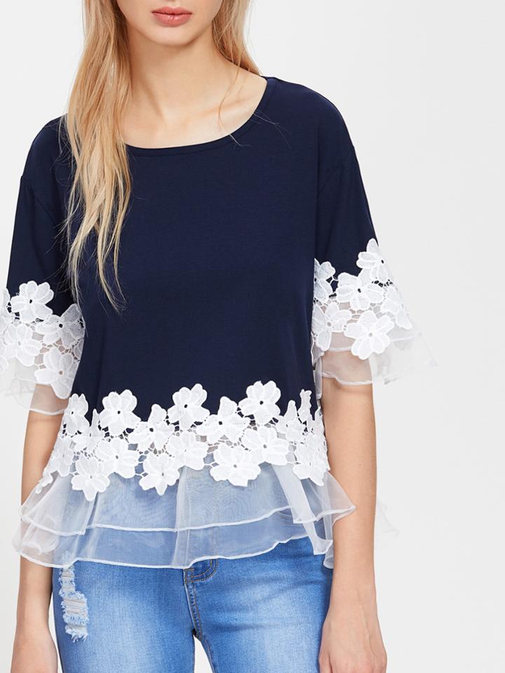 Shein Lace Applique Layered Mesh Trim Tee