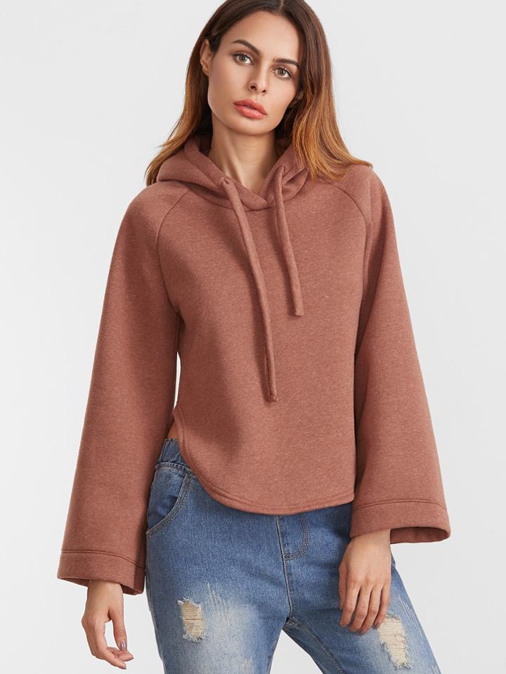 Shein Rust Hooded Raglan Sleeve Slit Side Curved Hem Sweatshirt