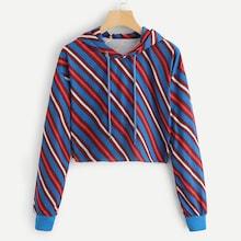 Shein Diagonal Stripe Crop Hooded Sweatshirt