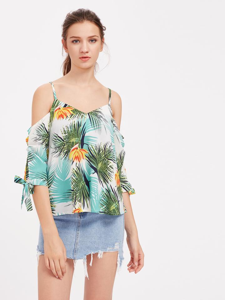 Shein Random Palm Leaf Print Tie Cuff Top