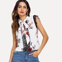 Shein Tie Neck Lace Trim Floral Top
