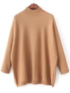 Shein Khaki Mock Neck Patch Detail Loose Sweater