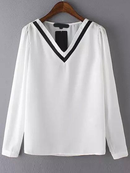 Shein White V Neck Long Sleeve Chiffon Blouse