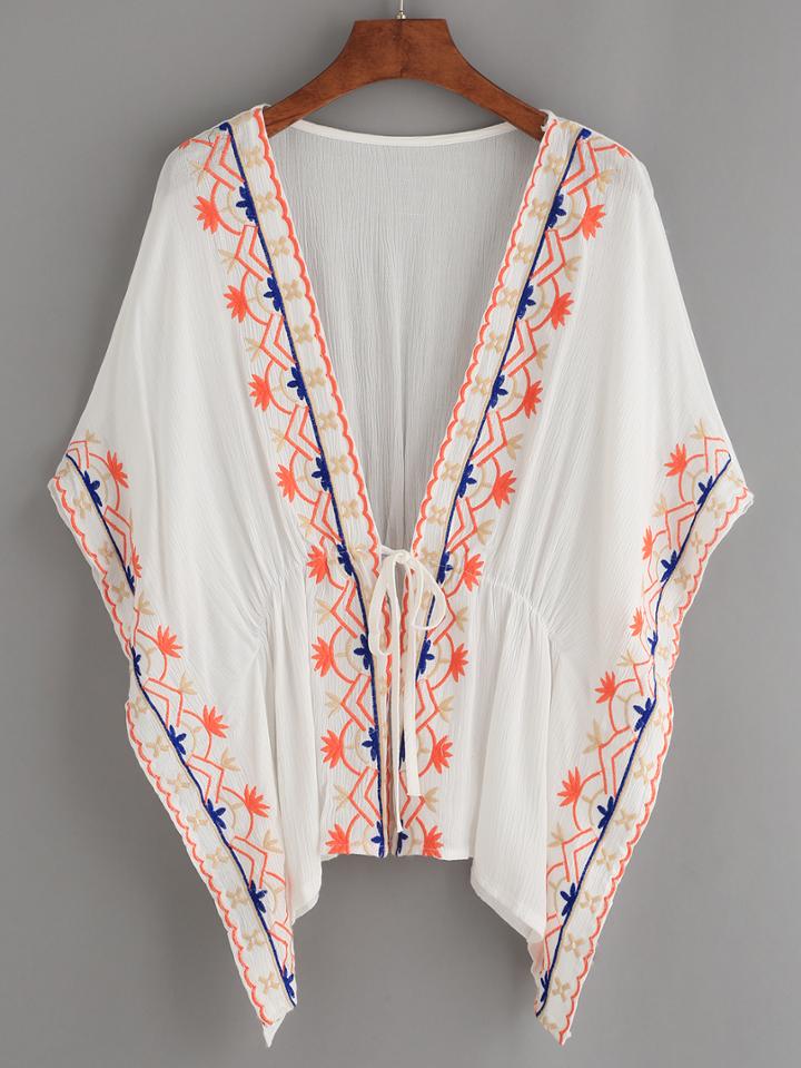 Shein White Tie-front Embroidered Poncho Blouse