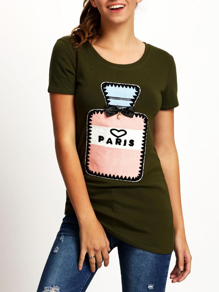 Shein Army Green Crew Neck Perfume Bottle Print T-shirt