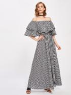 Shein Flounce Off Shoulder Self Tie Gingham Dress