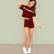 Shein Striped Tape Detail Top & Shorts Set