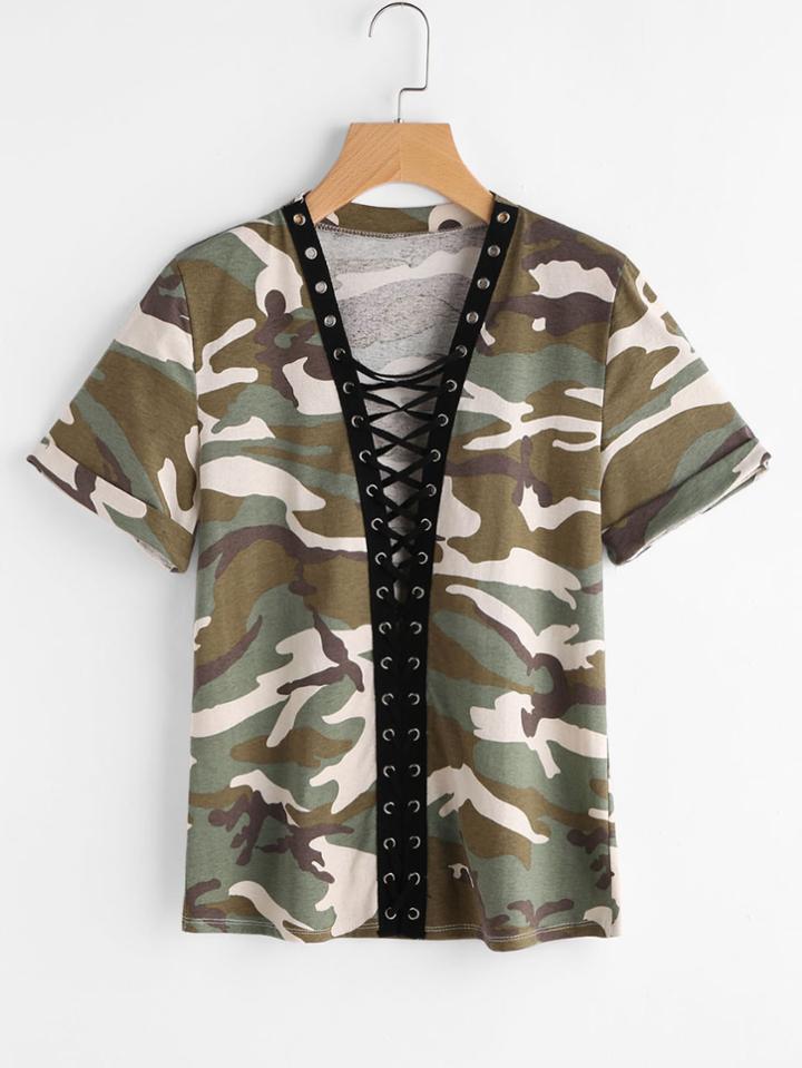 Shein Camo Print Roll Sleeve Eyelet Lace Up Plunging Tee