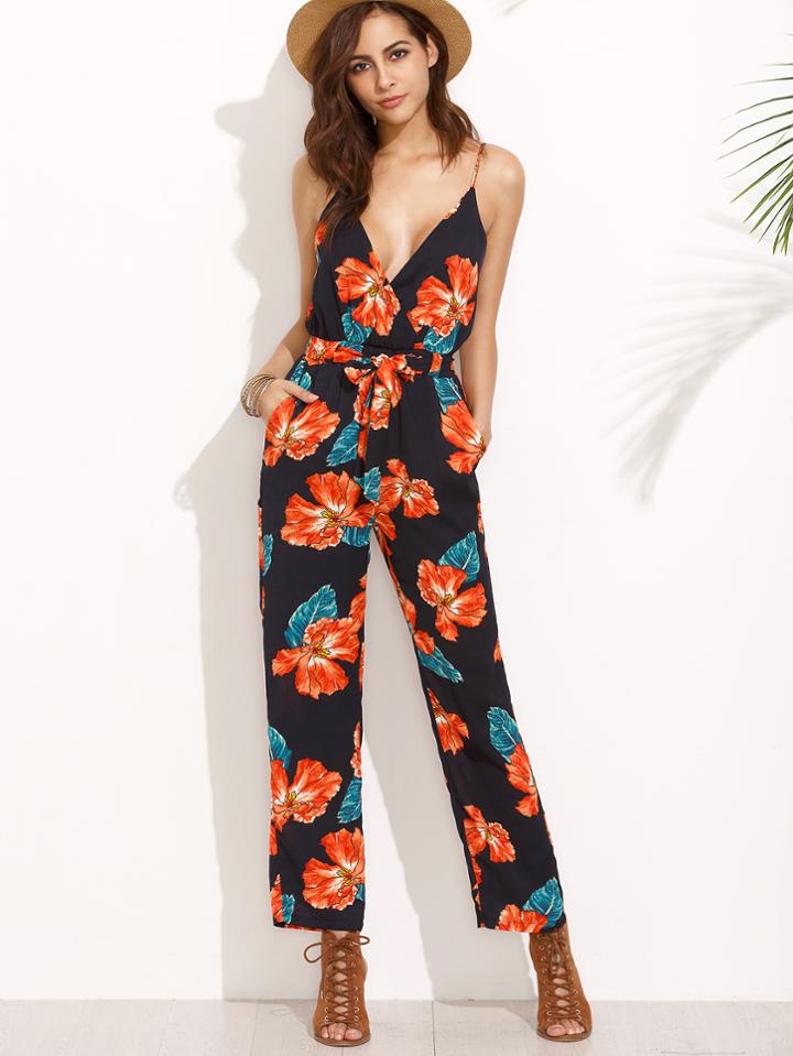 Shein Multicolor Floral Spaghetti Strap Tie Waist Pockets Jumpsuit