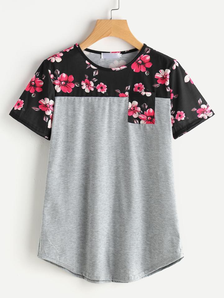 Shein Contrast Marled Knit Random Florals Tee