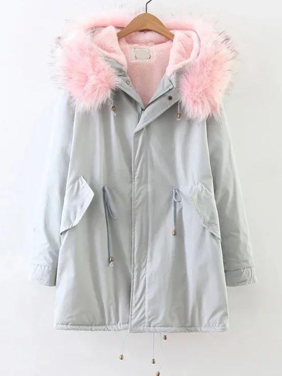 Shein Light Blue Zipper Coat With Faux Fur Hooded