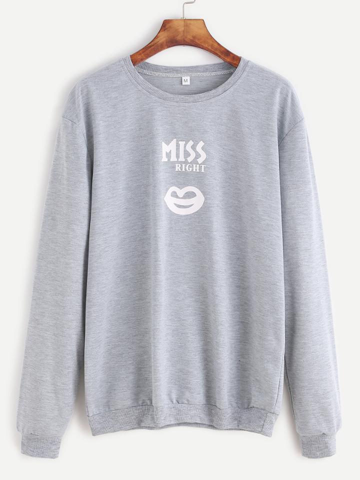 Shein Grey Letter Print Long Sleeve Sweatshirt