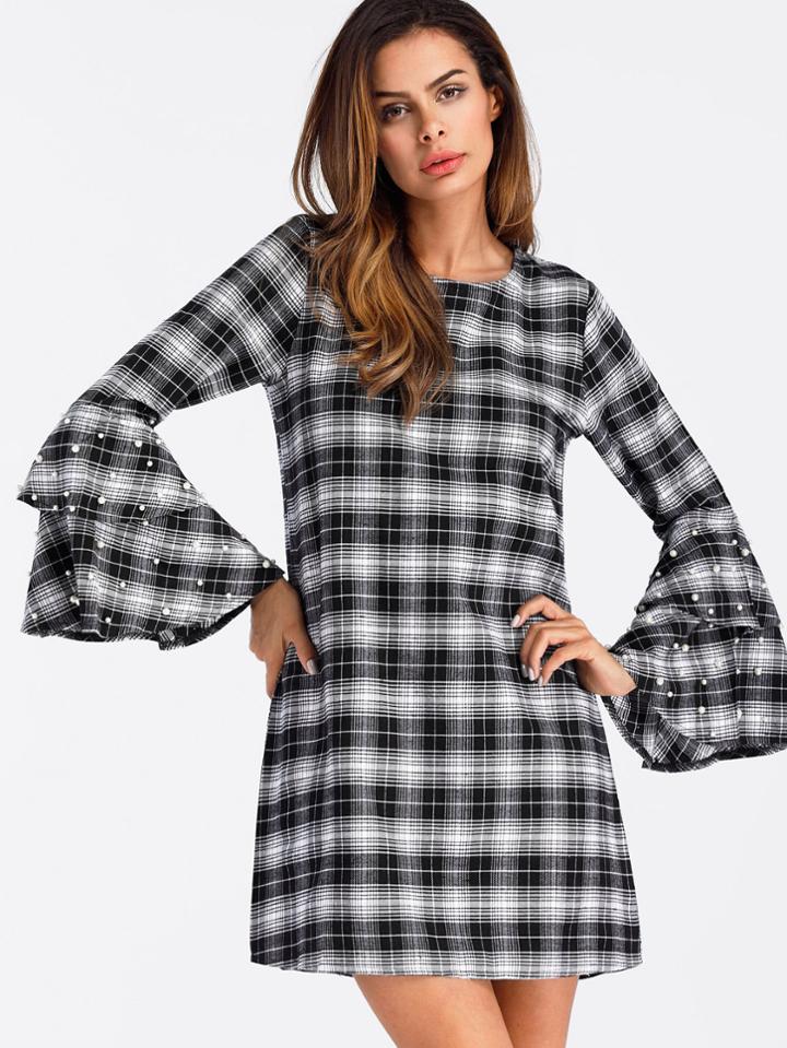 Shein Pearl Beaded Flounce Sleeve Tartan Plaid Dress