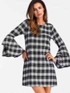 Shein Pearl Beaded Flounce Sleeve Tartan Plaid Dress