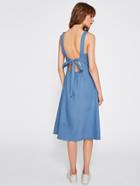 Shein Open Back Bow Tie Detail Chambray Dress
