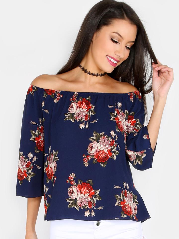 Shein Floral Off The Shoulder Top Navy