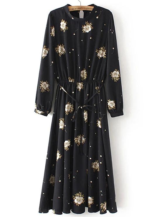 Shein Black Crew Neck Floral Tie Waist Dress