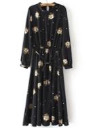 Shein Black Crew Neck Floral Tie Waist Dress