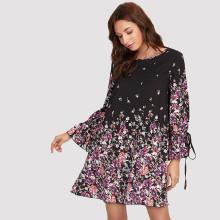 Shein Slit Tied Cuff Botanical Print Dress