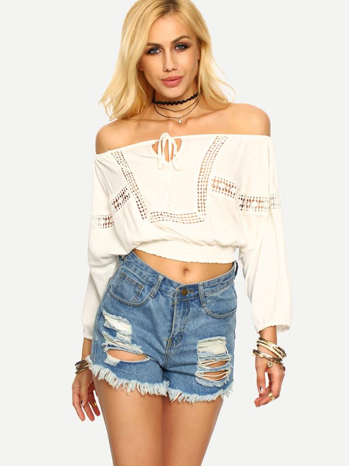 Shein Beige Off The Shoulder Long Sleeve Crop Blouse