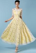 Shein Yellow Tie-neck Sheer Mesh Embroidered Dress