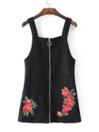 Shein Flower Embroidery Zipper Up Suede Dungaree Dress