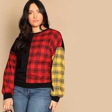 Shein Plus Drop Shoulder Colorblock Plaid Pullover