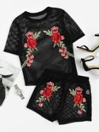 Shein Embroidered Flower Applique Fishnet Top And Shorts Set