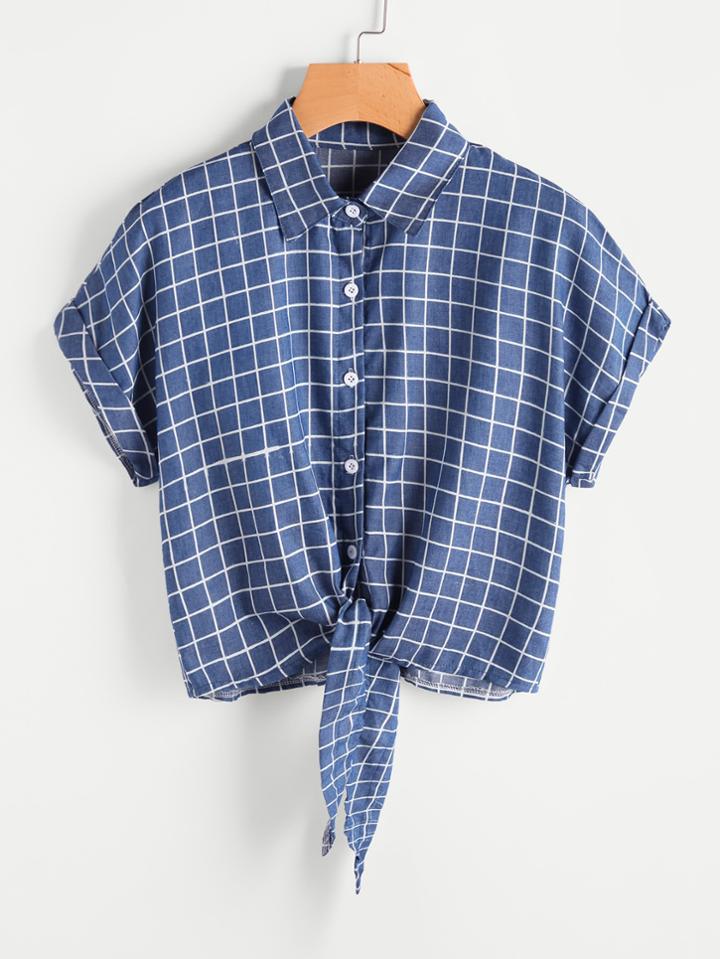 Shein Windowpane Print Rolled Cuff Tie Front Blouse