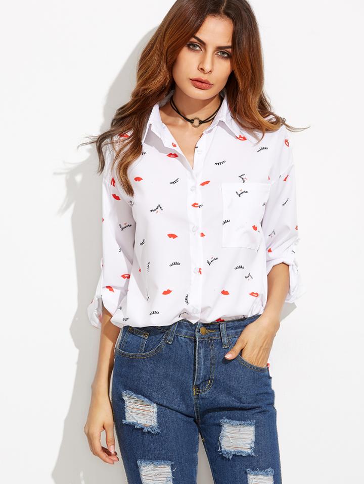 Shein White Lip Print Roll Tab Sleeve Slit Side Shirt