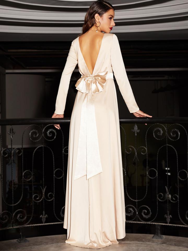 Shein Apricot Bow Tie Sash Waist V Back Maxi Dress