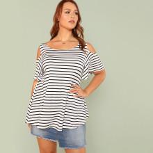 Shein Plus Cold Shoulder Striped Tee