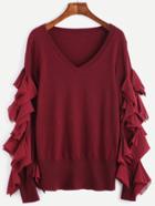 Shein Burgundy V Neck Splicing Chiffon Ruffle Sweater