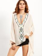 Shein Apricot Deep V Neck Split Sleeve Embroidered Poncho Blouse