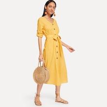 Shein Waist Belted Button V-neck Dress