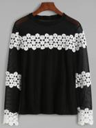 Shein Black Contrast Appliques Crochet Sheer Blouse