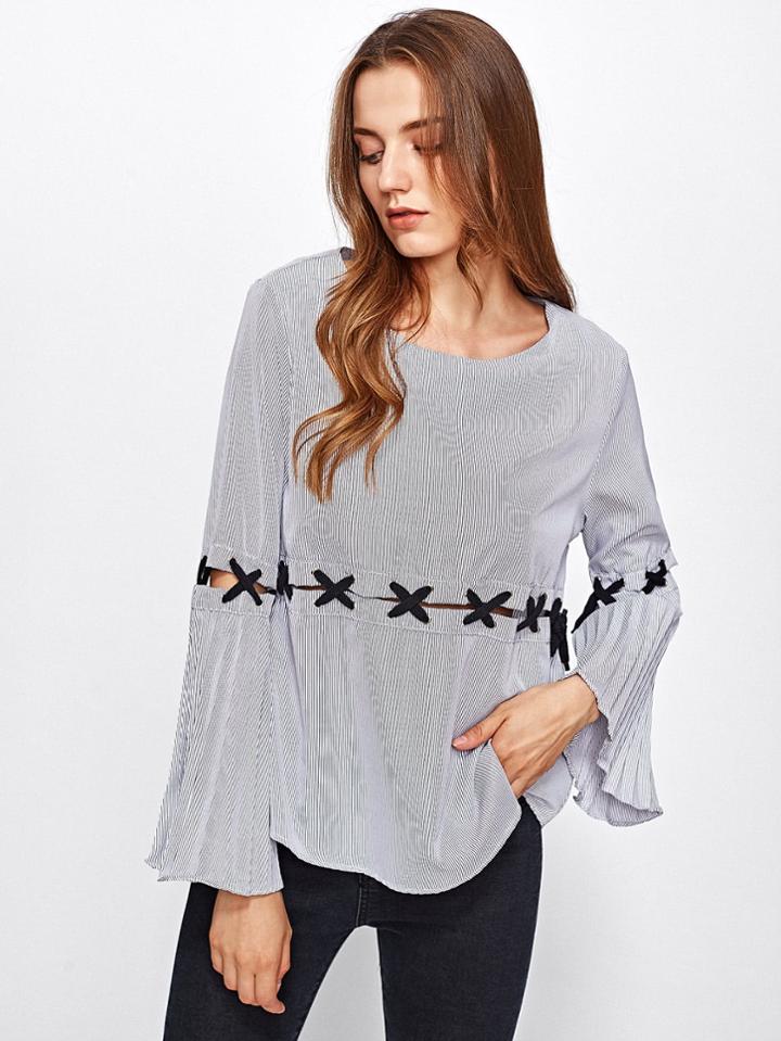 Shein Bell Sleeve Criss Cross Detail Pinstripe Top