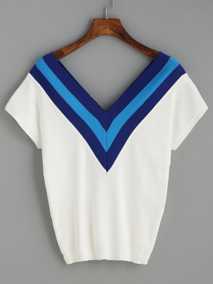 Shein White V Neck Striped Knitted T-shirt