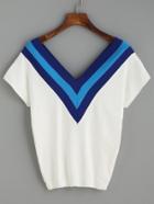 Shein White V Neck Striped Knitted T-shirt