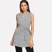 Shein Double Button Belted Plaid Vest Blazer